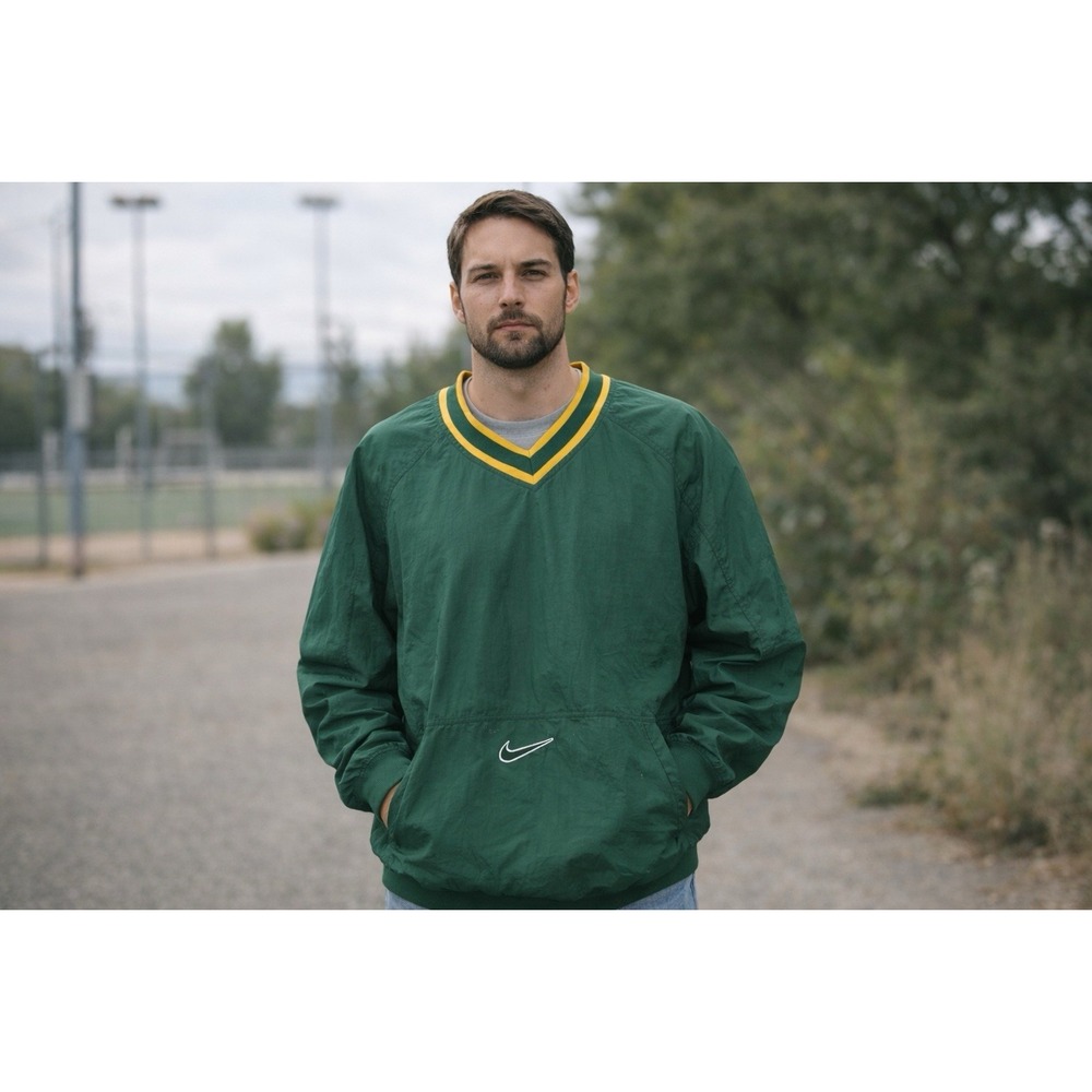 Vtg Nike Jacket Mens XL Green V Neck Windbreaker Swoosh Pullover Retro 90s